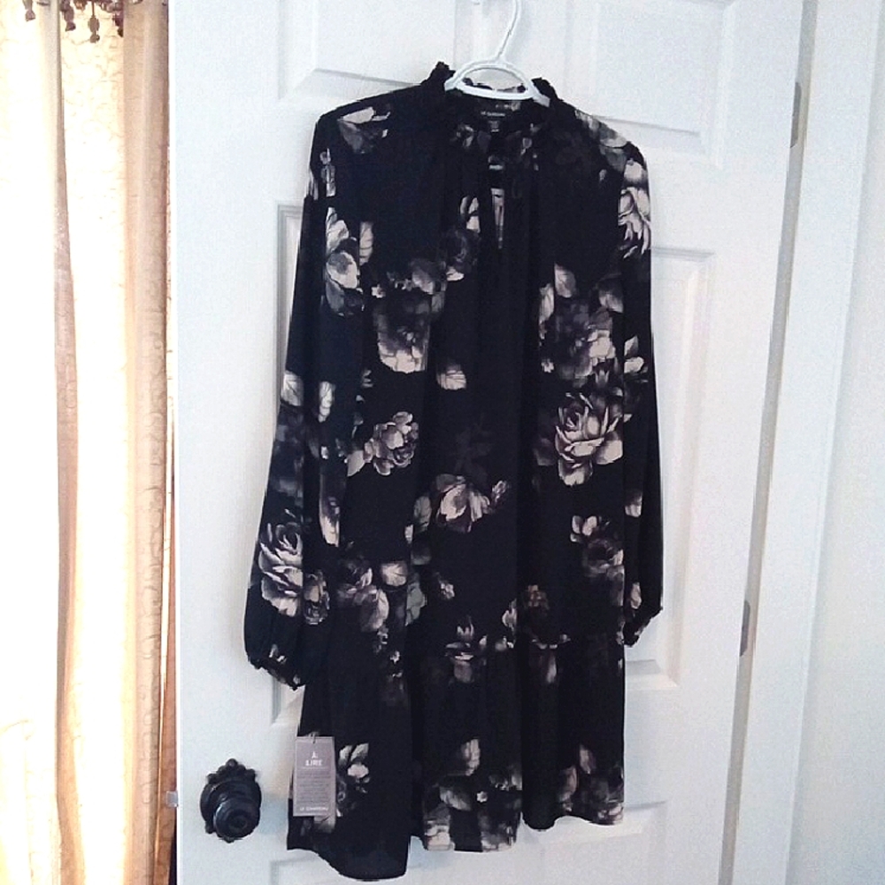 Le Chateau Women's Black and Gray Floral Ruffle Tie Neck Dress Medium